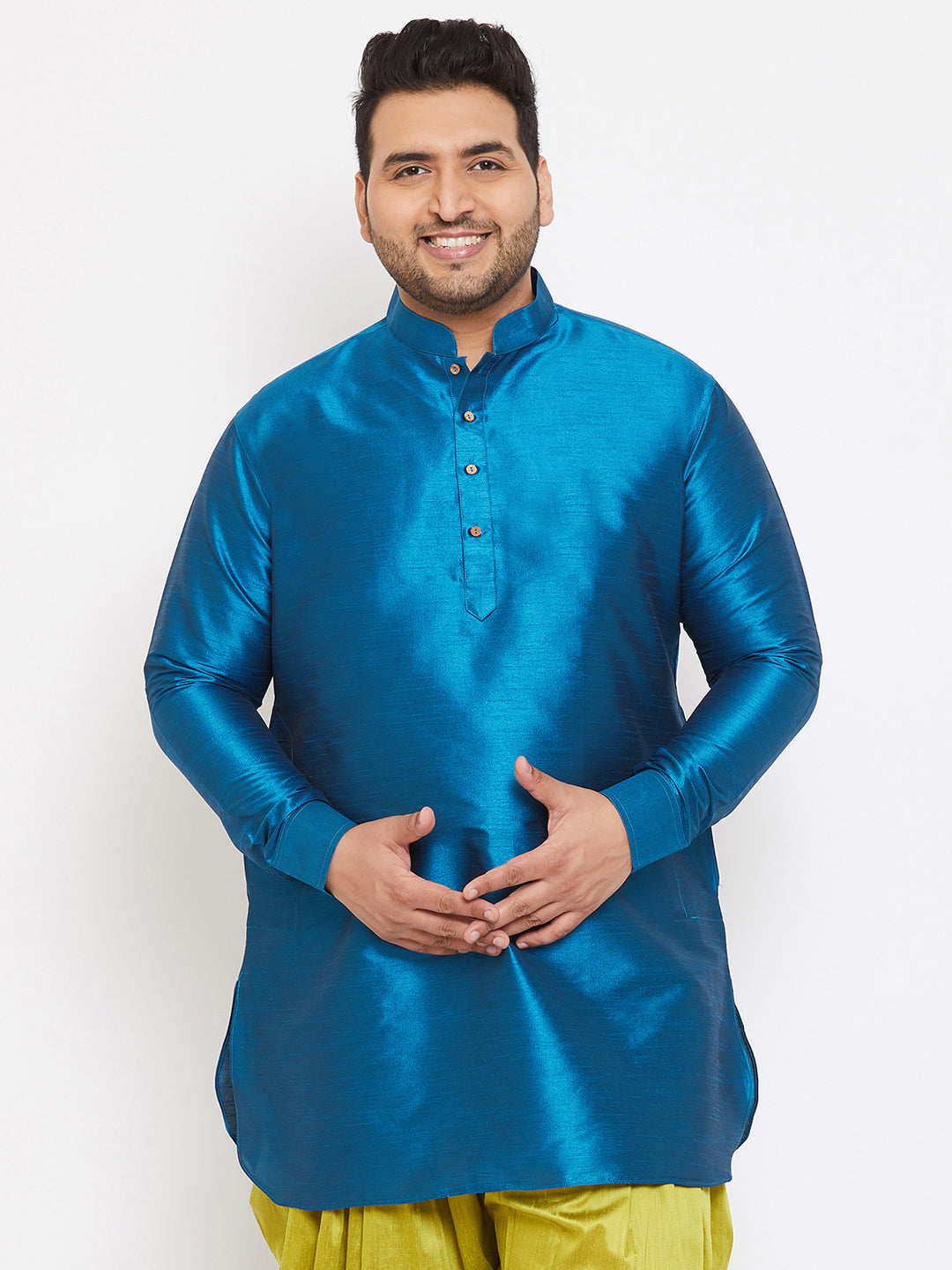Men's Plus Size Turquoise Silk Blend Curved Kurta