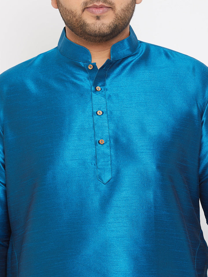 Men's Plus Size Turquoise Silk Blend Curved Kurta