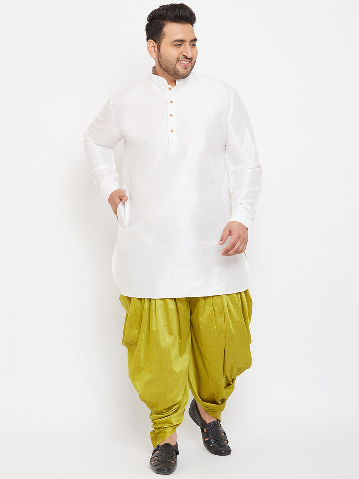 Men's Plus Size White Silk Blend Curved Kurta Dhoti Set