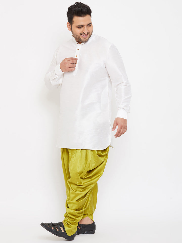 Men's Plus Size White Silk Blend Curved Kurta Dhoti Set
