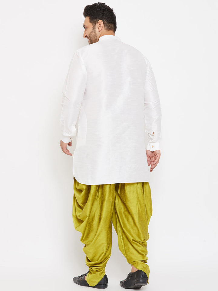 Men's Plus Size White Silk Blend Curved Kurta Dhoti Set