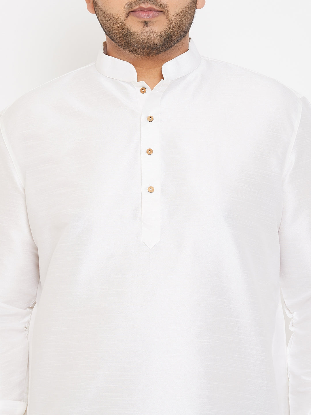 Men's Plus Size White Silk Blend Curved Kurta Dhoti Set