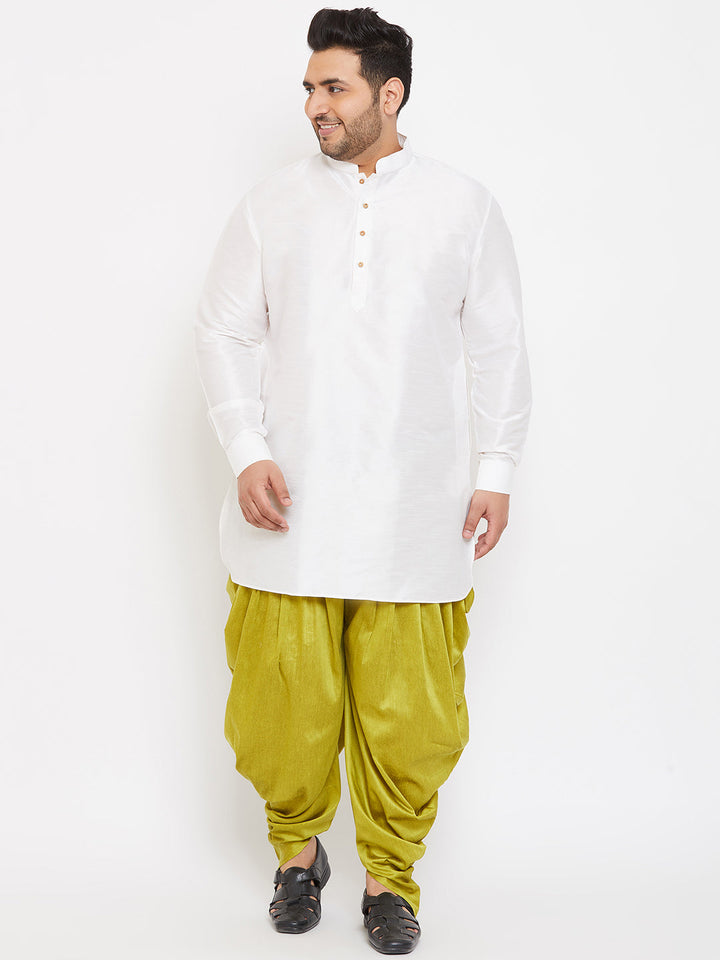Men's Plus Size White Silk Blend Curved Kurta Dhoti Set