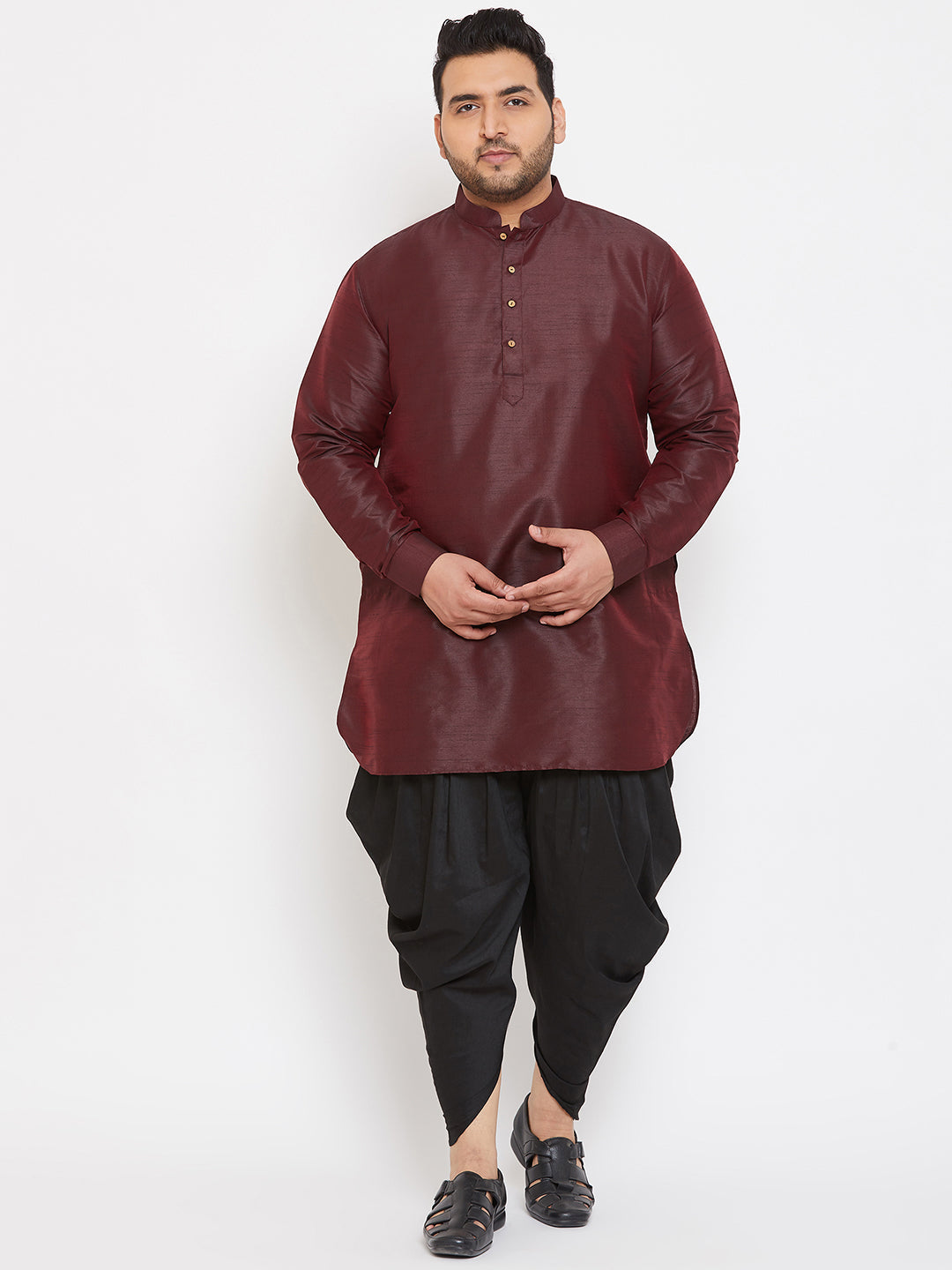 Men's Plus Size Wine Silk Blend Curved Kurta