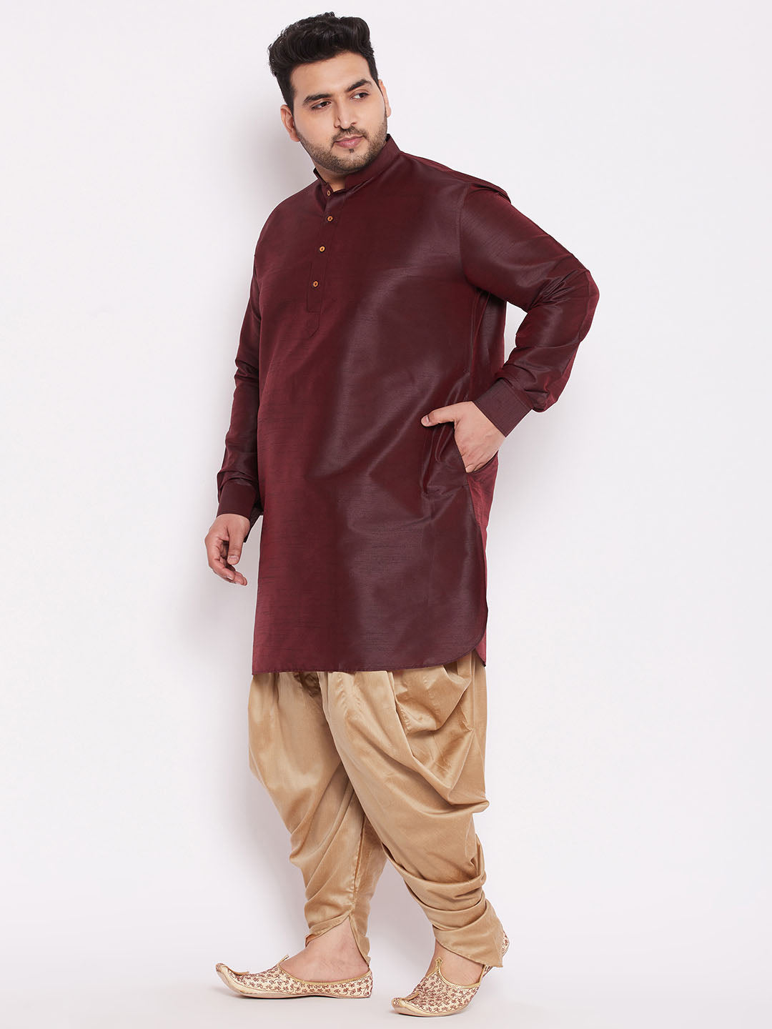 Men's Plus Size Wine Silk Blend Curved Kurta Dhoti Set