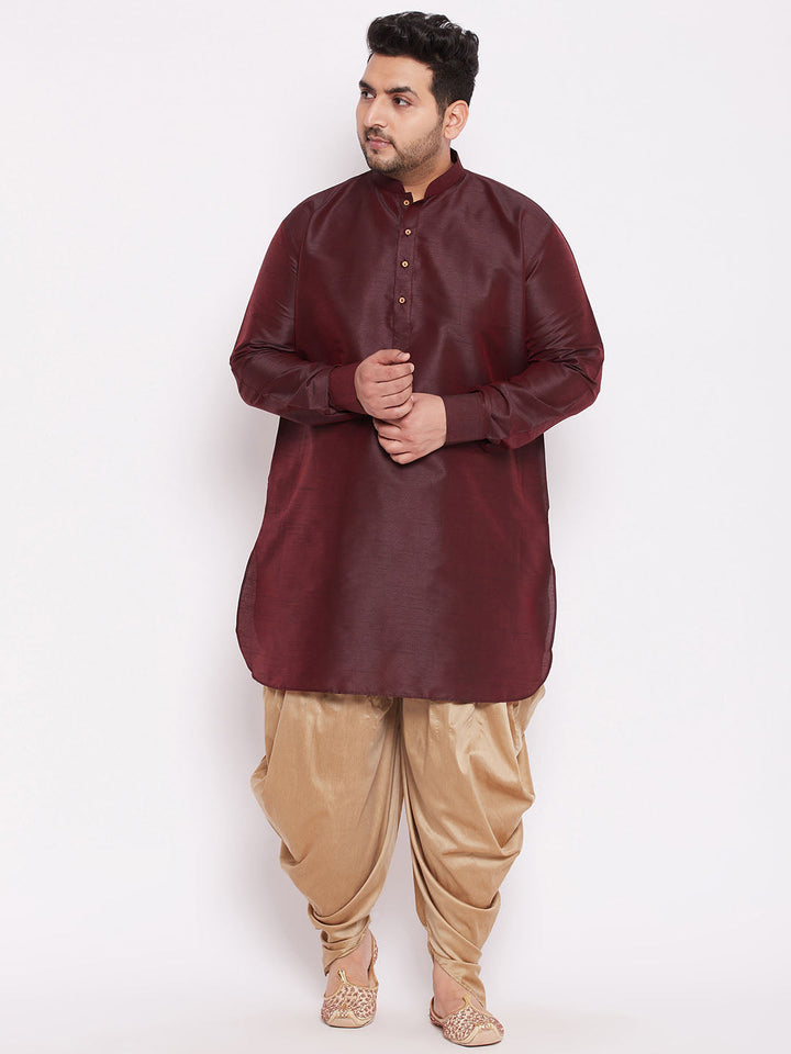 Men's Plus Size Wine Silk Blend Curved Kurta Dhoti Set