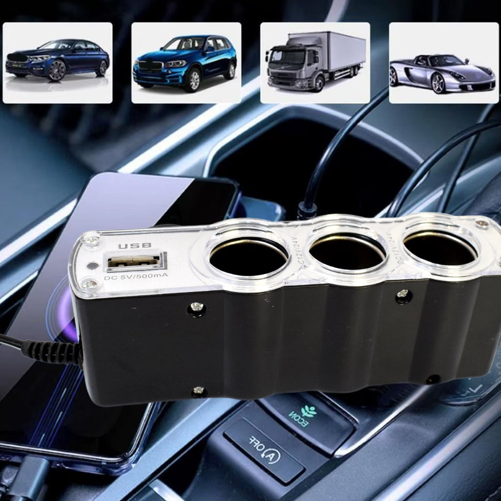 Triple 3 Way Car 12v Lighter Socket Splitter Usb Charger Power Adapter