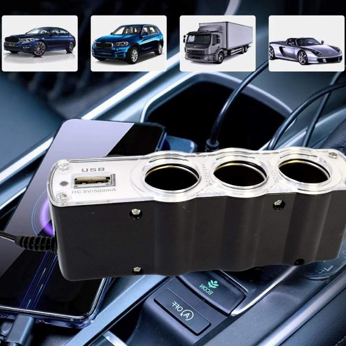 Triple 3 Way Car 12v Lighter Socket Splitter Usb Charger Power Adapter