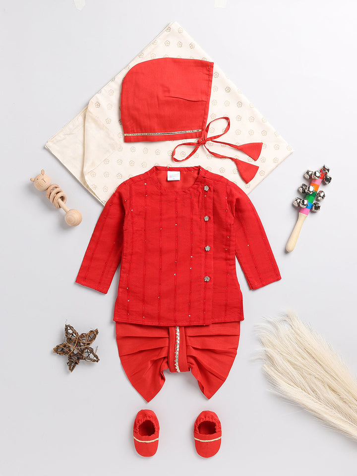 VASTRAMAY Boys Red Chanderi  Ethnic Combo Set - qivii