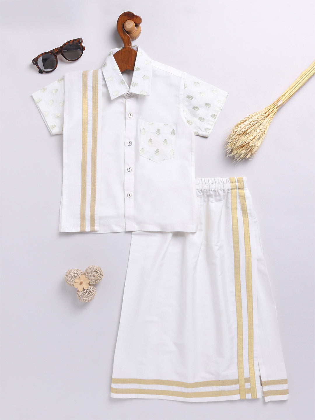 Vastramay Infant Boys White Viscose Shirt,Mundu And Dupatta Set. - qivii