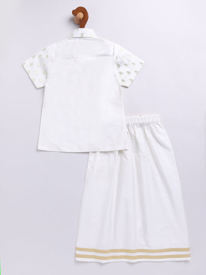 Vastramay Infant Boys White Viscose Shirt,Mundu And Dupatta Set. - qivii
