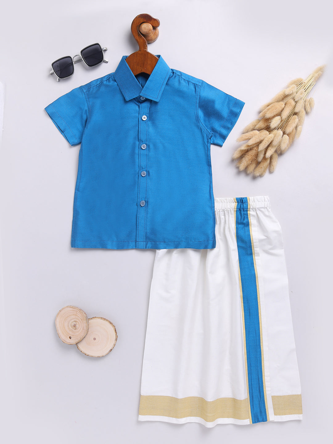 Vastramay Infant Boys Turquoise Viscose Shirt,Mundu And Dupatta Set. - qivii