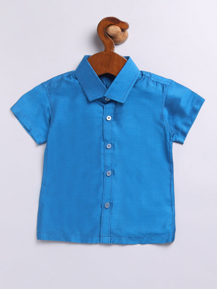 Vastramay Infant Boys Turquoise Viscose Shirt,Mundu And Dupatta Set. - qivii