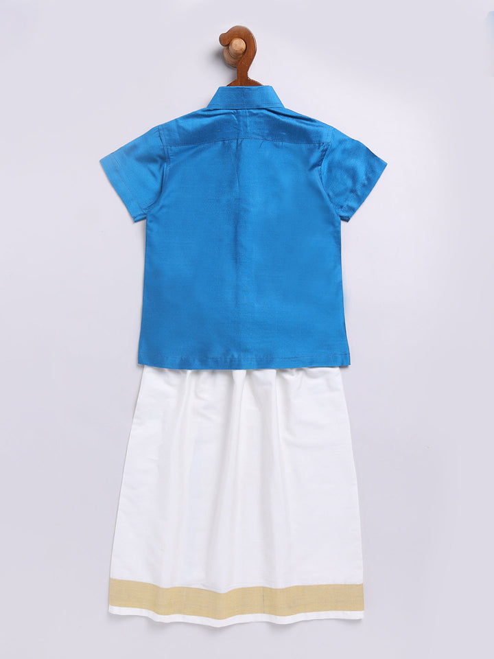 Vastramay Infant Boys Turquoise Viscose Shirt,Mundu And Dupatta Set. - qivii