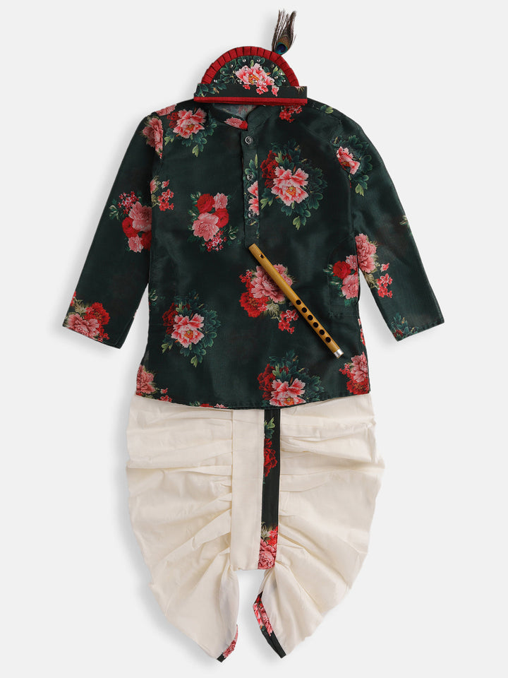 VASTRAMAY Boys Multicolor-Base-Green Cotton Blend Kurta and Dhoti Set - qivii