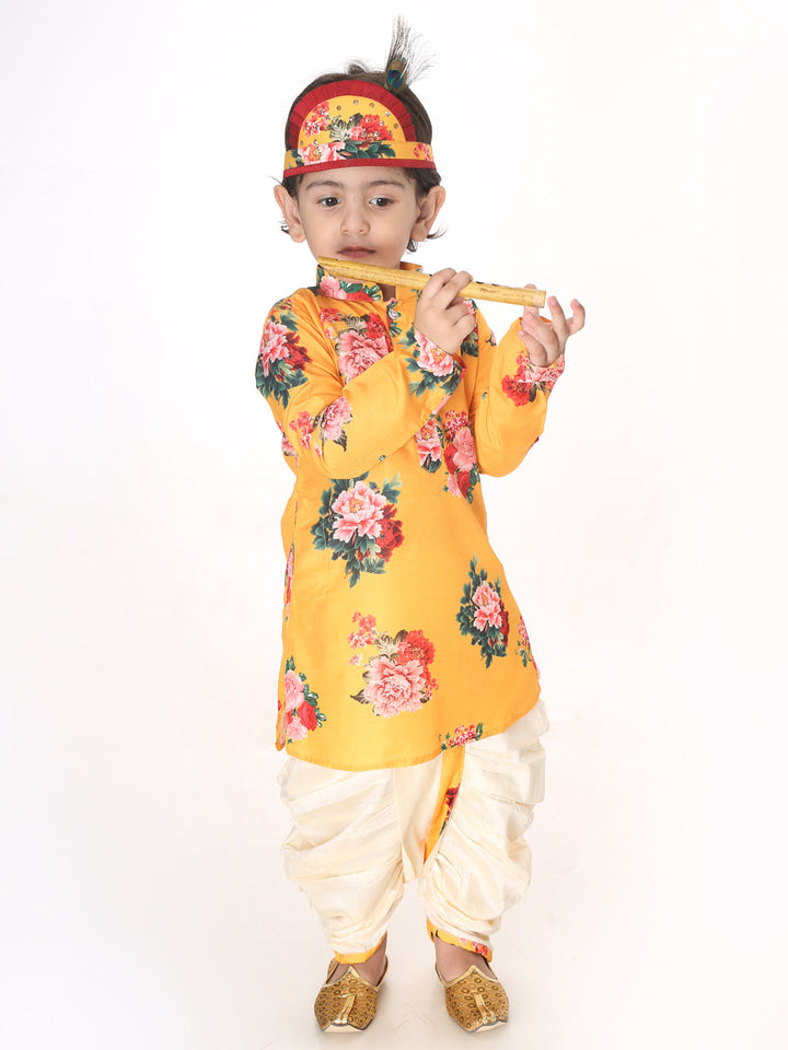 VASTRAMAY Boys Multicolor-Base-Yellow Cotton Blend Kurta and Dhoti Set - qivii