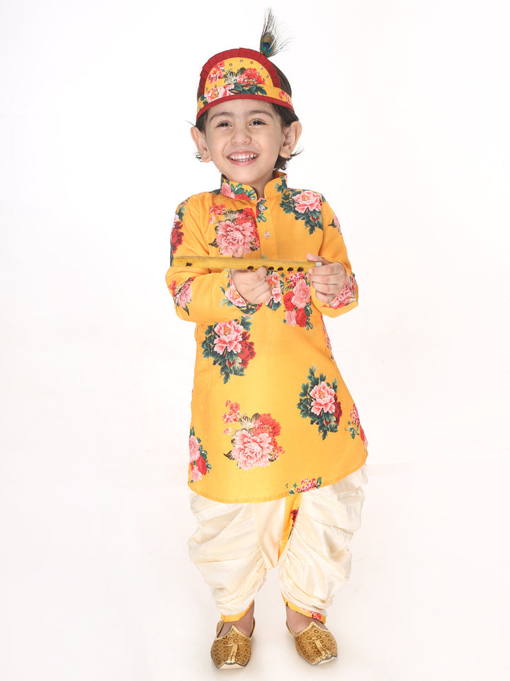 VASTRAMAY Boys Multicolor-Base-Yellow Cotton Blend Kurta and Dhoti Set - qivii