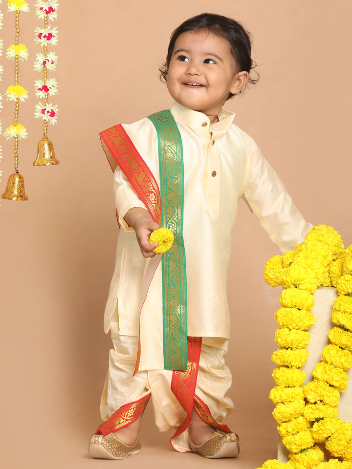 VASTRAMAY Boy's Gold-Toned Kurta with Dhoti Pants & With Dupatta - qivii