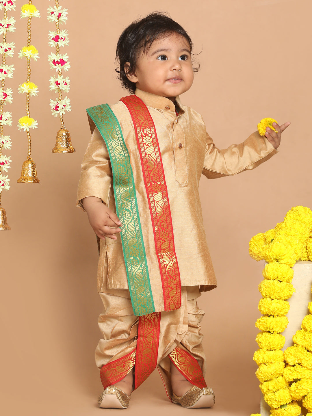 VASTRAMAY Boy's Rose Gold Kurta with Dhoti Pants & With Dupatta Set - qivii