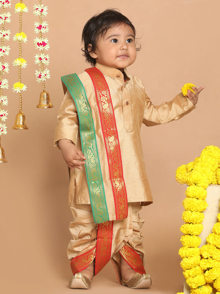 VASTRAMAY Boy's Rose Gold Kurta with Dhoti Pants & With Dupatta Set - qivii