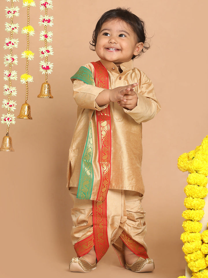 VASTRAMAY Boy's Rose Gold Kurta with Dhoti Pants & With Dupatta Set - qivii