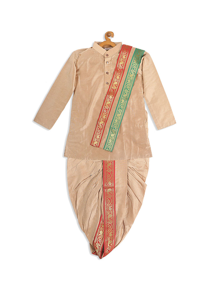 VASTRAMAY Boy's Rose Gold Kurta with Dhoti Pants & With Dupatta Set - qivii