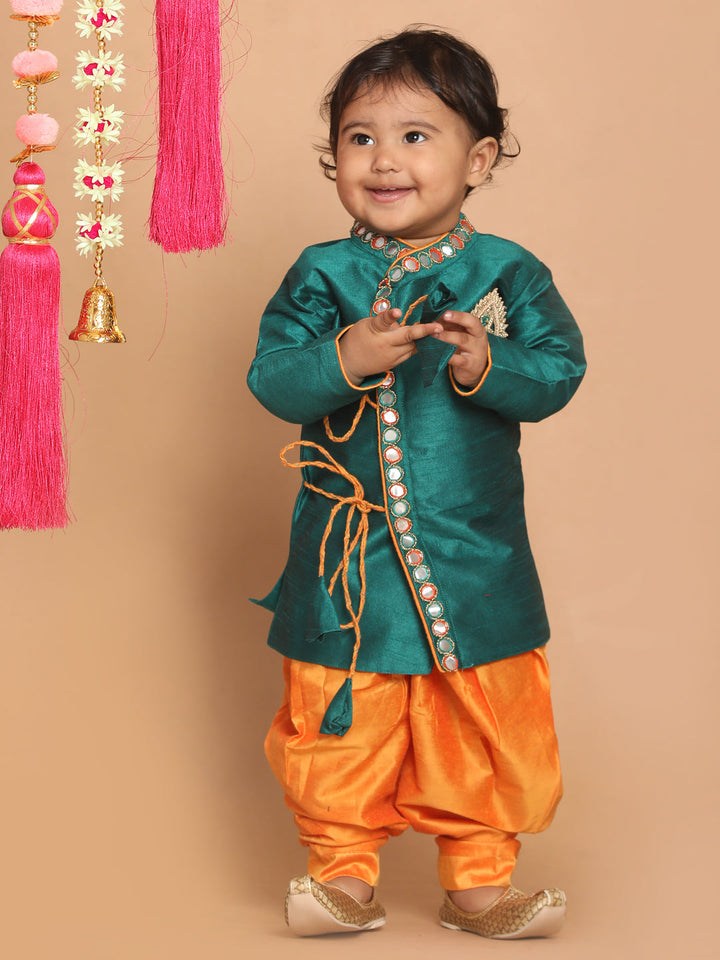 VASTRAMAY Boy's Green Embroidered Angrakha Mirror Work Kurta with Dhoti Pants - qivii