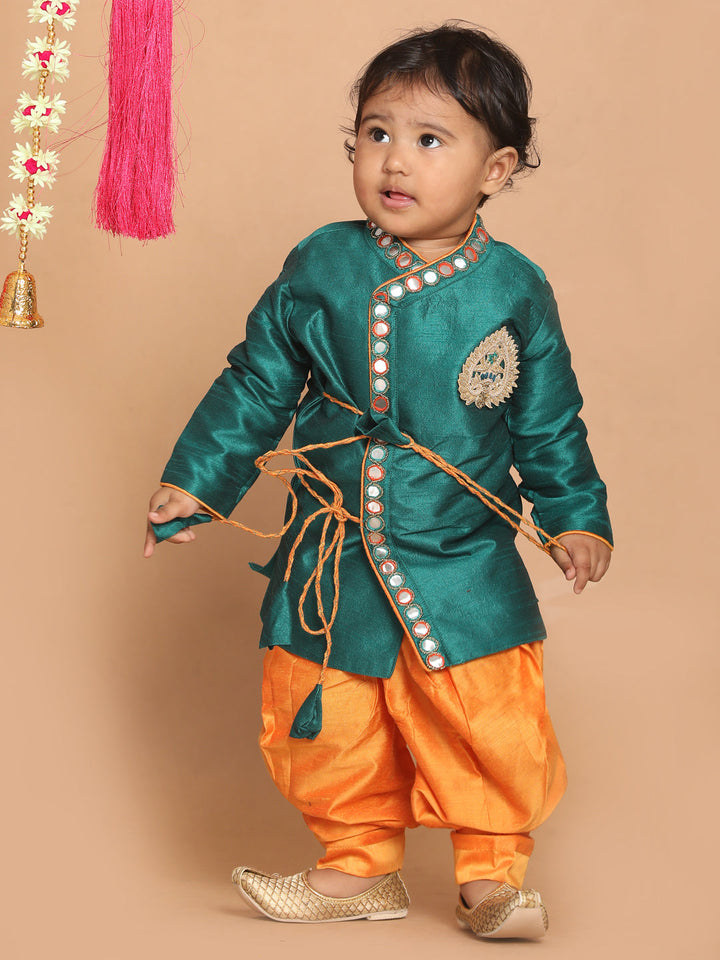 VASTRAMAY Boy's Green Embroidered Angrakha Mirror Work Kurta with Dhoti Pants - qivii
