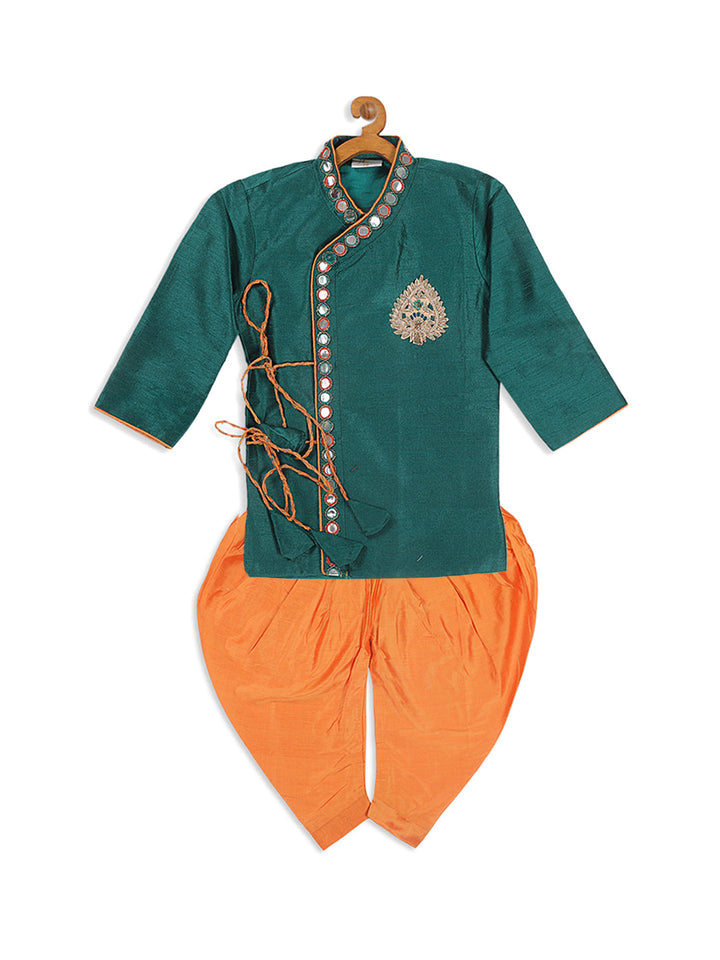 VASTRAMAY Boy's Green Embroidered Angrakha Mirror Work Kurta with Dhoti Pants - qivii