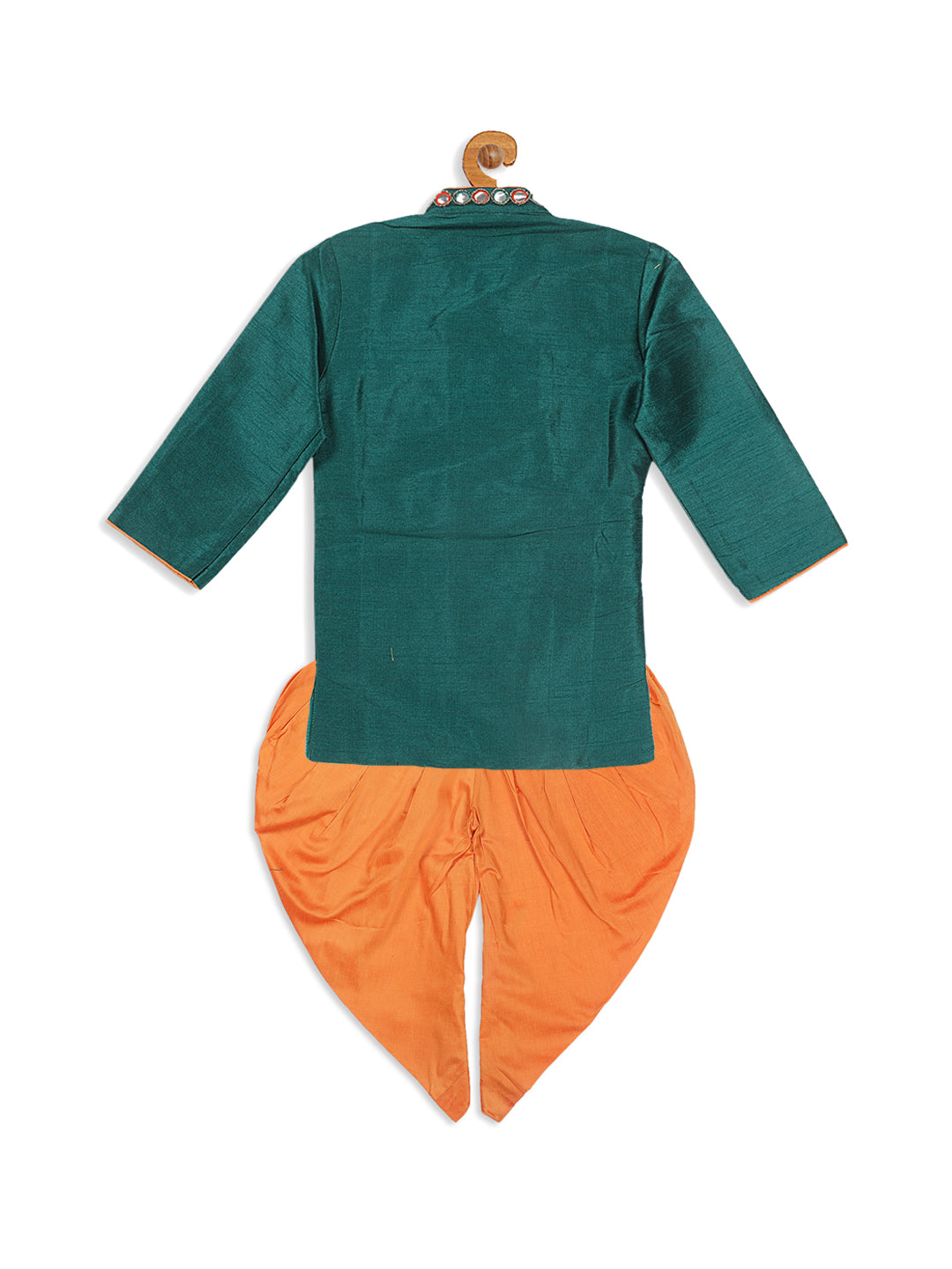 VASTRAMAY Boy's Green Embroidered Angrakha Mirror Work Kurta with Dhoti Pants - qivii