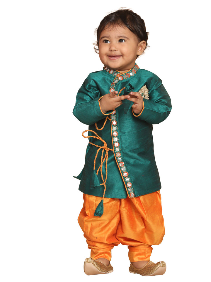VASTRAMAY Boy's Green Embroidered Angrakha Mirror Work Kurta with Dhoti Pants - qivii