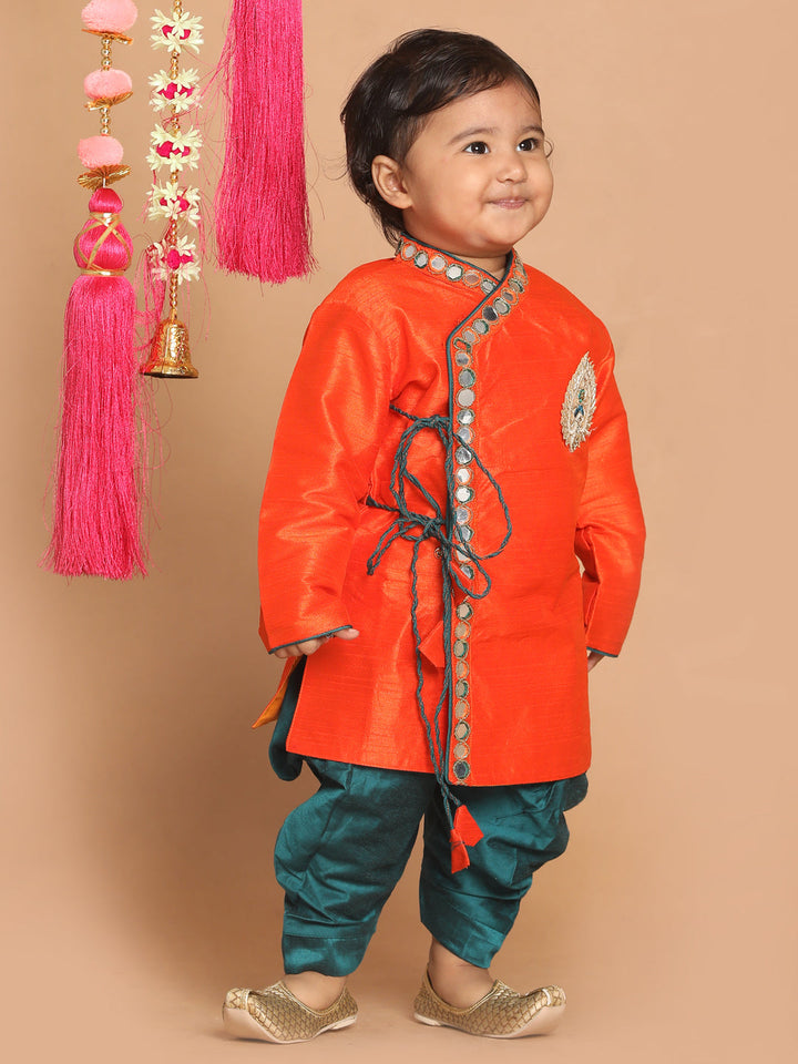 VASTRAMAY SISHU Boys Orange Embroidered Angrakha Mirror Work Kurta With Dhoti Pants - qivii