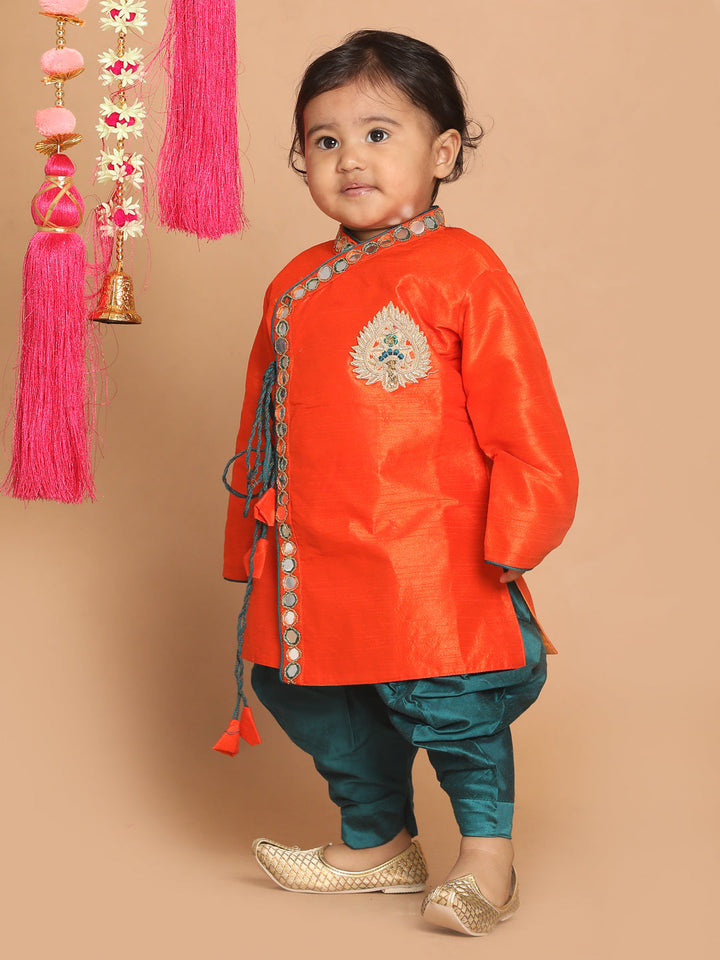VASTRAMAY SISHU Boys Orange Embroidered Angrakha Mirror Work Kurta With Dhoti Pants - qivii