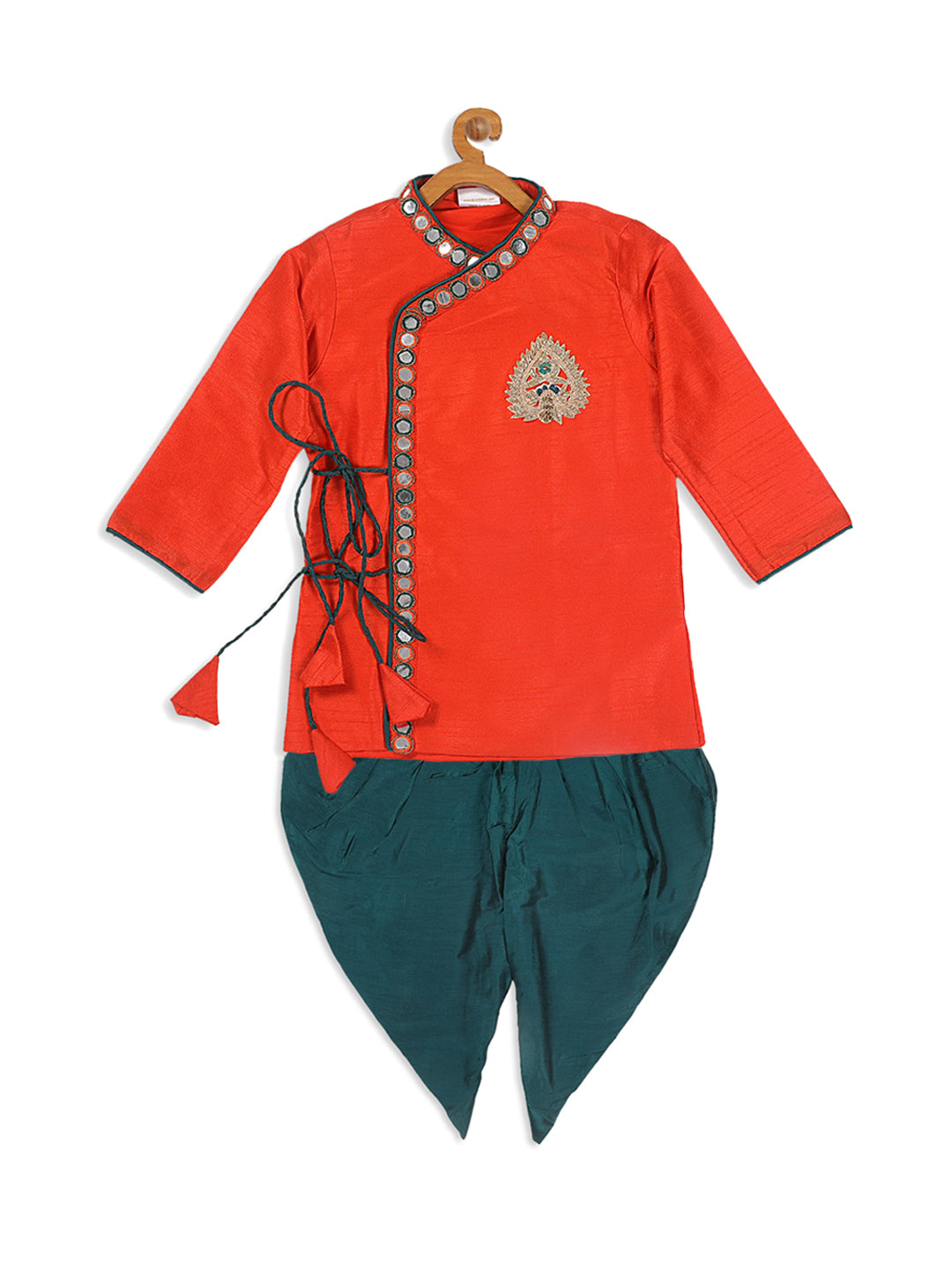 VASTRAMAY SISHU Boys Orange Embroidered Angrakha Mirror Work Kurta With Dhoti Pants - qivii
