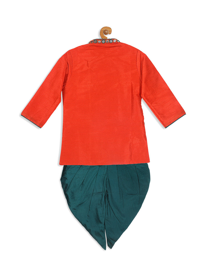 VASTRAMAY SISHU Boys Orange Embroidered Angrakha Mirror Work Kurta With Dhoti Pants - qivii