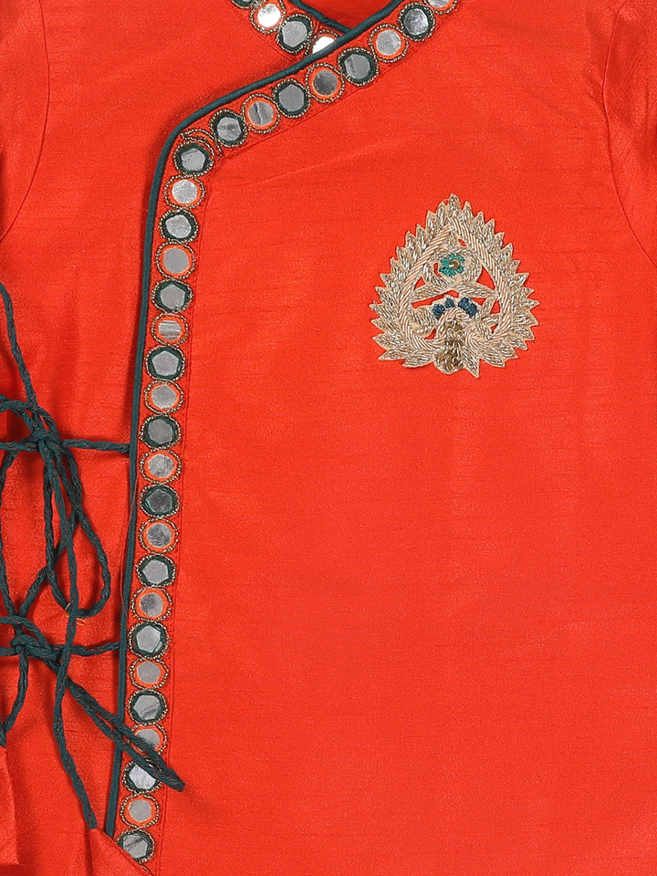 VASTRAMAY SISHU Boys Orange Embroidered Angrakha Mirror Work Kurta With Dhoti Pants - qivii