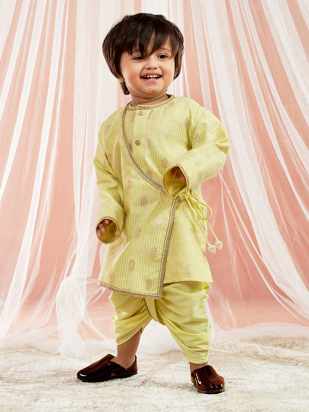 Vastramay Infant Boys Mint Green Silk Blend Kurta and Dhoti Set - qivii