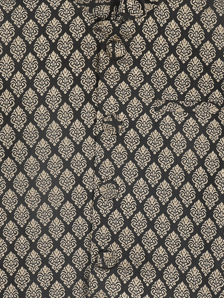 VASTRAMAY SISHU Boy's Black Woven Design Slim Fit Nehru Jacket And Rose Gold Kurta With Maroon Dhoti Set - qivii