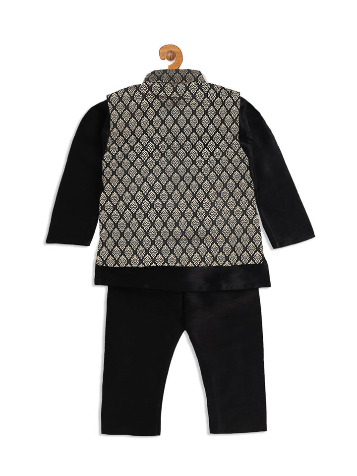 VASTRAMAY Boy's Black Woven Design Slim Fit Nehru Jacket And Black Kurta Pyjama Set - qivii