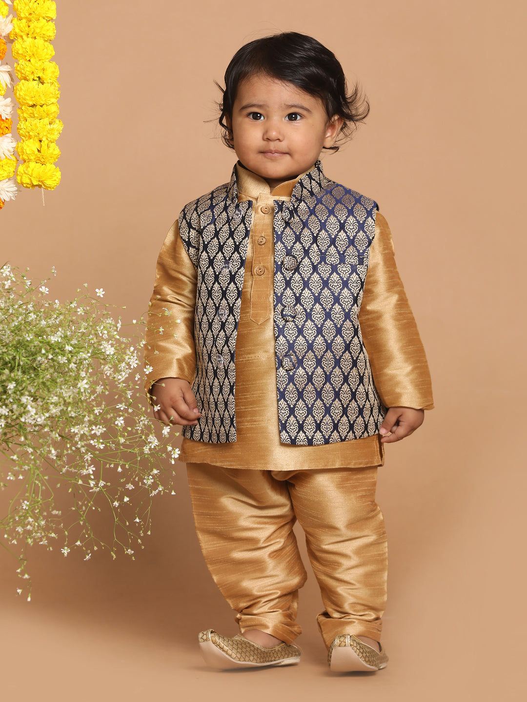 VASTRAMAY Boy's Blue Woven Design Slim Fit Nehru Jacket - qivii