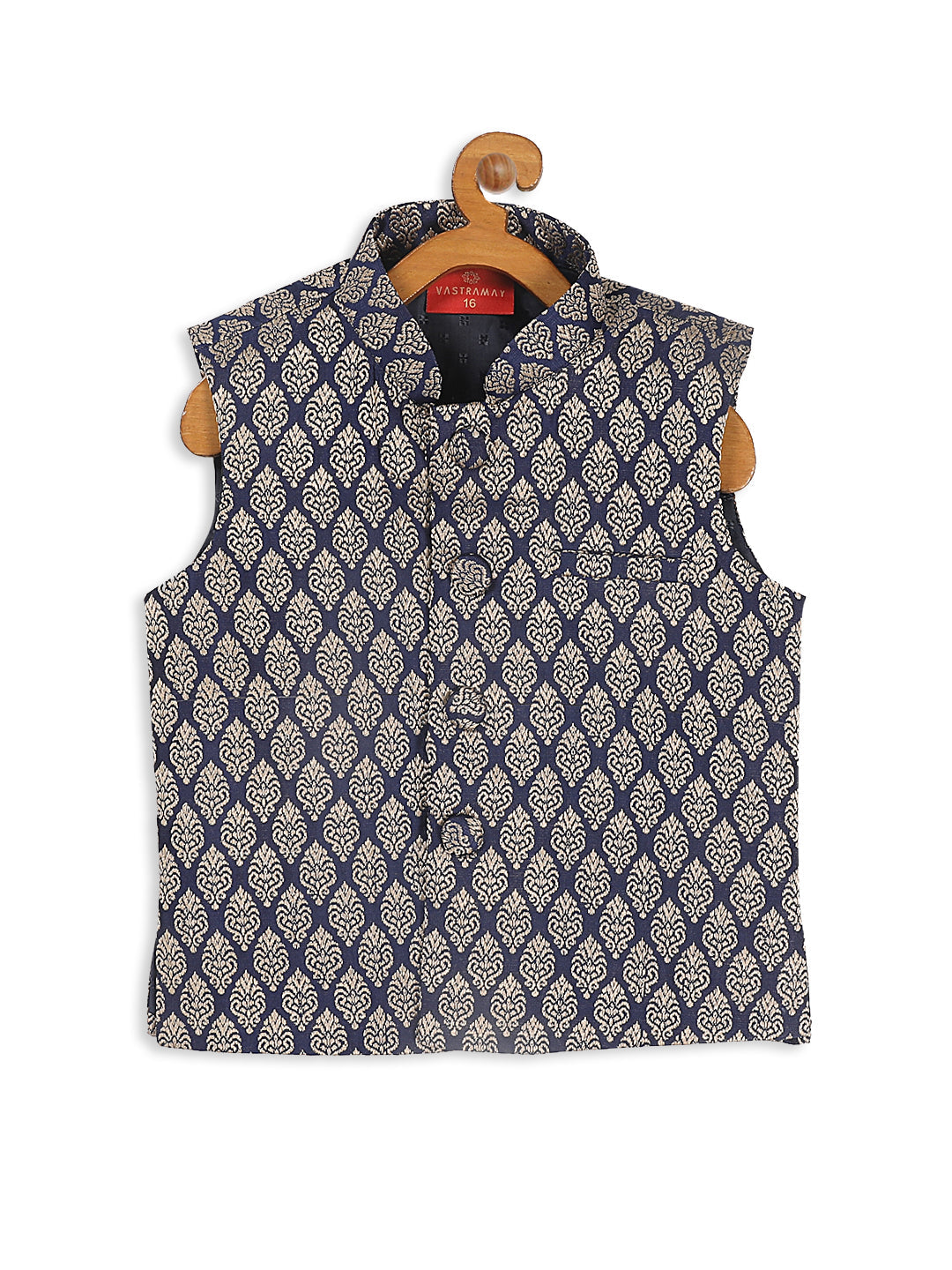 VASTRAMAY Boy's Blue Woven Design Slim Fit Nehru Jacket - qivii