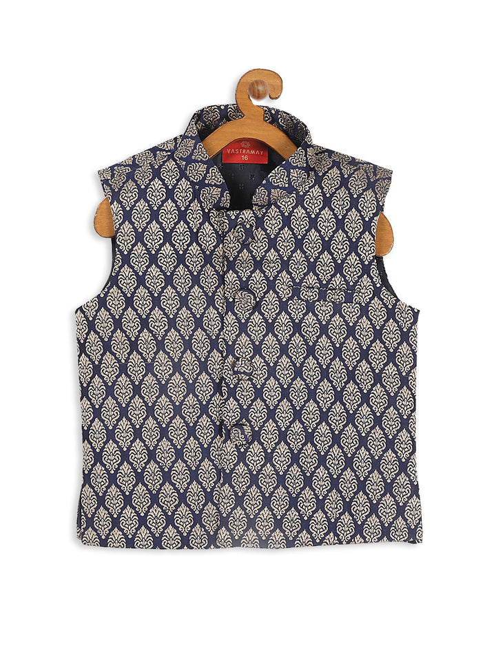 VASTRAMAY Boy's Blue Woven Design Slim Fit Nehru Jacket - qivii