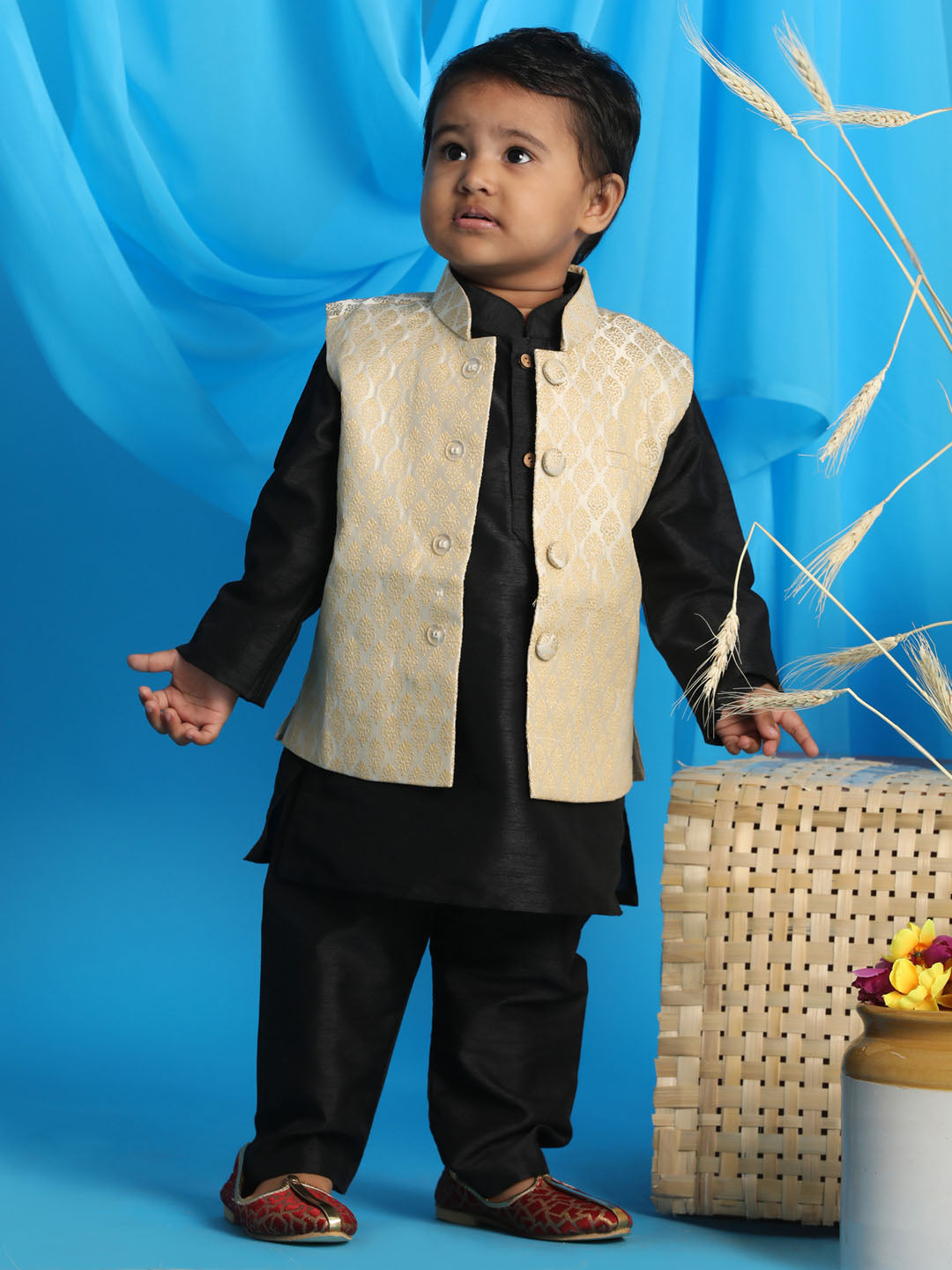 VASTRAMAY Boy's Cream Woven Design Slim Fit Nehru Jacket And Black Kurta Pyjama Set - qivii
