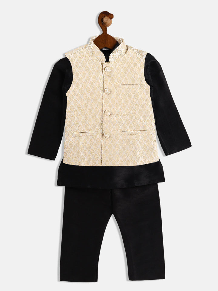VASTRAMAY Boy's Cream Woven Design Slim Fit Nehru Jacket And Black Kurta Pyjama Set - qivii