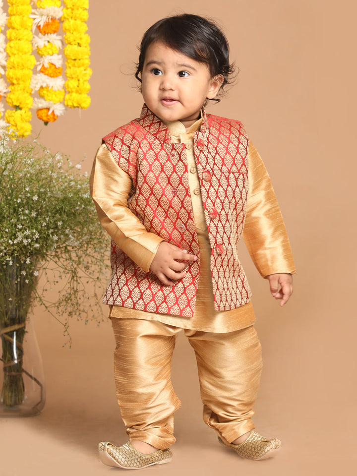 VASTRAMAY Boys Gold-Toned & Maroon Woven Design Nehru Jackets - qivii