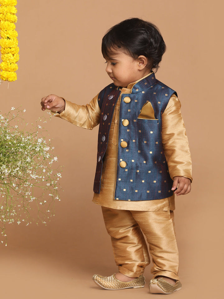 VASTRAMAY SISHU Boy's Gold-Toned & Blue Color Woven Design Nehru Jacket - qivii