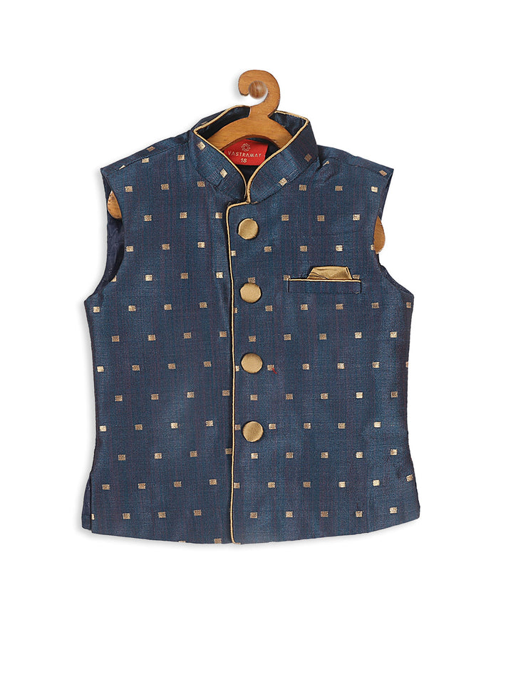 VASTRAMAY SISHU Boy's Gold-Toned & Blue Color Woven Design Nehru Jacket - qivii