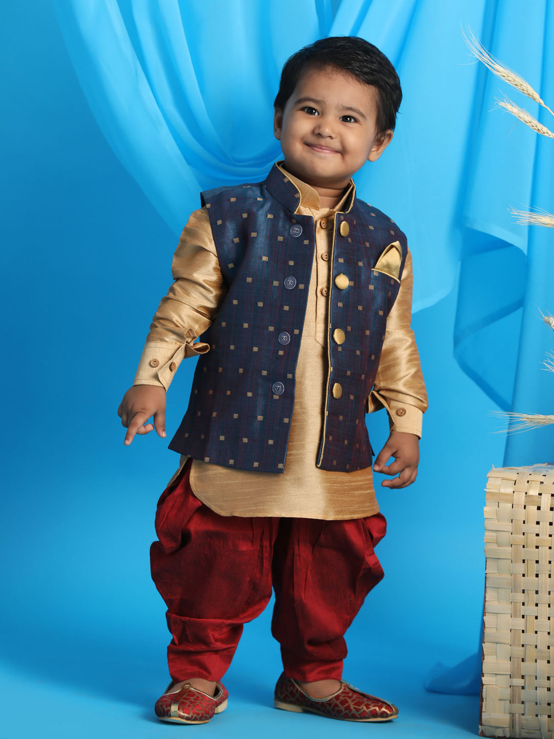 VASTRAMAY SISHU Boy's Blue Booti Woven Design Slim Fit Nehru Jacket And Rose Gold Kurta With Maroon Dhoti Set - qivii