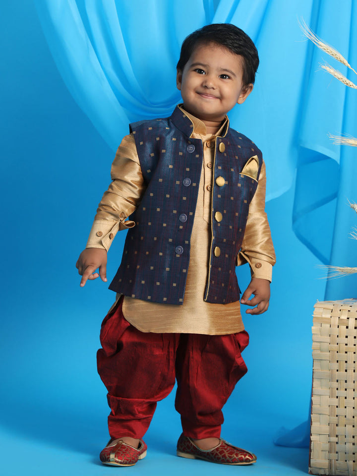 VASTRAMAY SISHU Boy's Blue Booti Woven Design Slim Fit Nehru Jacket And Rose Gold Kurta With Maroon Dhoti Set - qivii