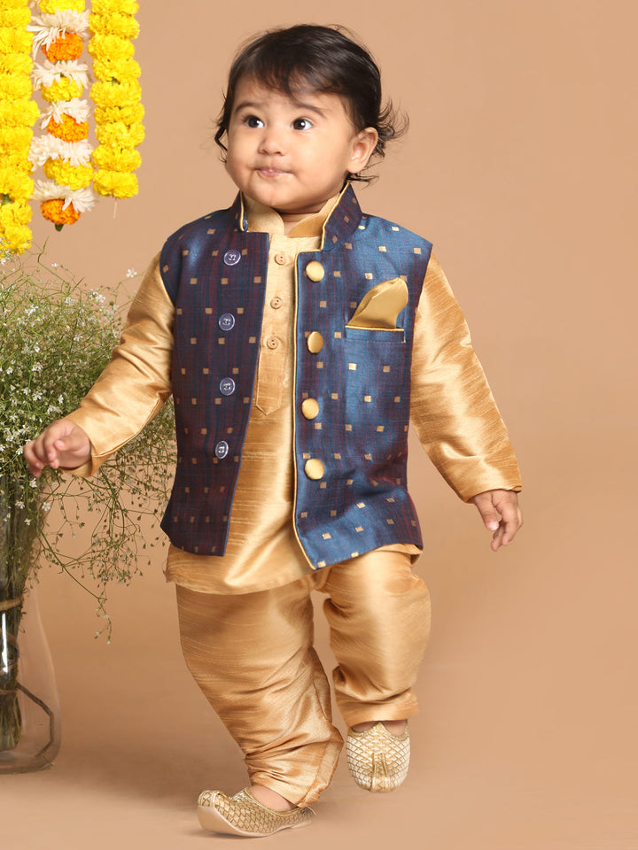 VASTRAMAY SISHU Boy's Rose Gold Kurta Pyjama With Blue Woven Nehru Jacket - qivii